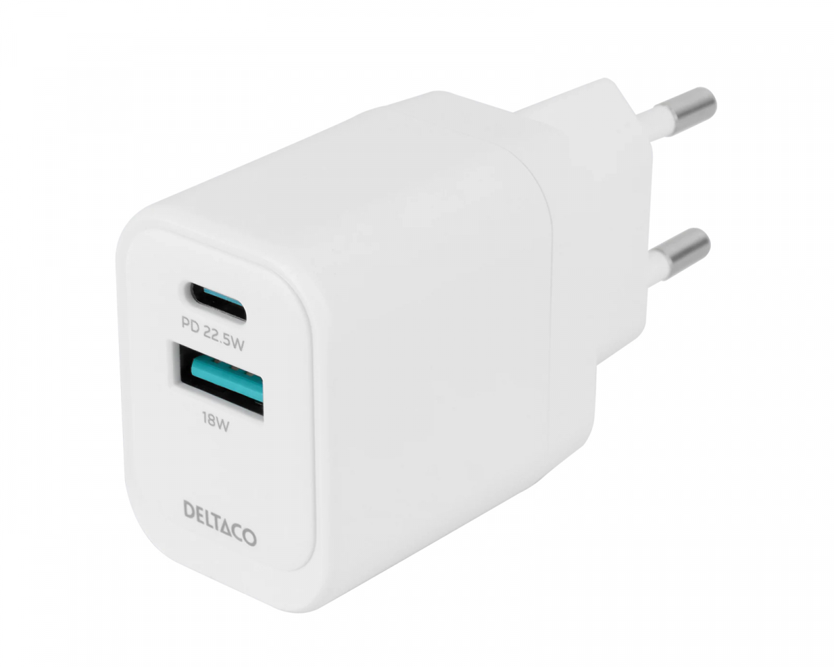 Deltaco USB-C & USB-A Vegglader - Hvit