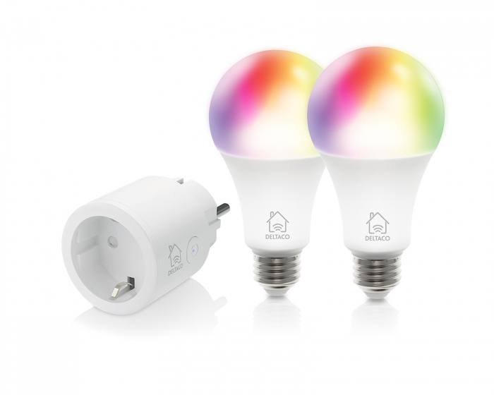 Deltaco Smart Home Starterkit, 2x RGB LED Lampe E27 + 1 Smart Plug