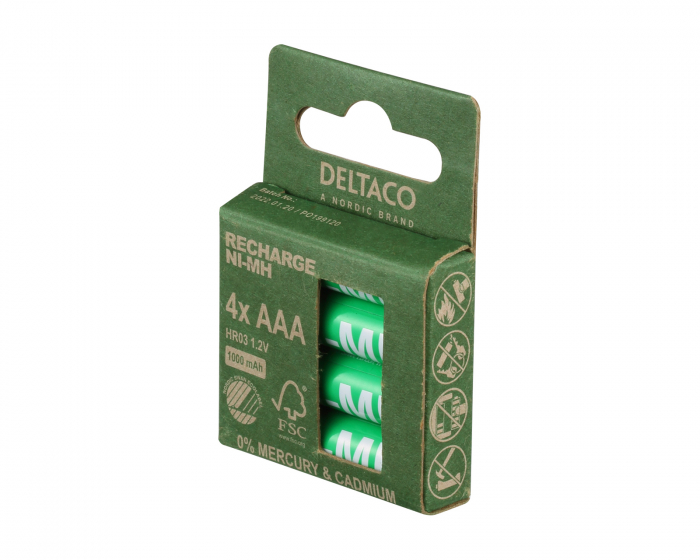 Deltaco Oppladbar AAA-batterier, 1000mAh, 4-pack
