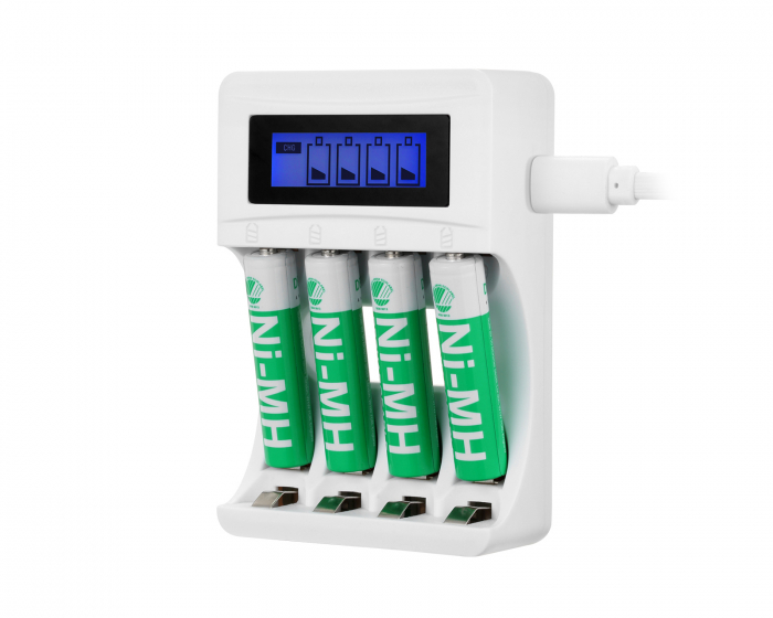 Deltaco USB Batterilader til 4xAA/AAA Ni-MH/Ni-Cd batterier,  inkl AAA batteri- Hvit