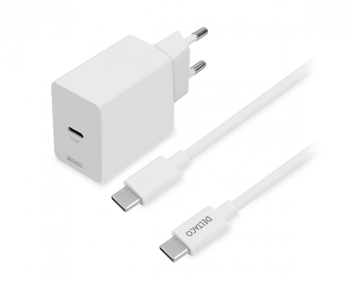 Deltaco USB-C PD Wall Charger 20 W incl USB-C Cable - Hvit Vegglader