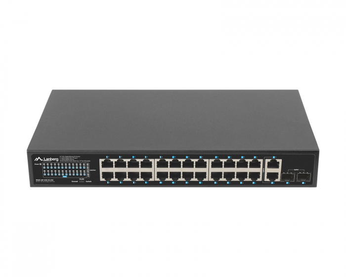Lanberg Nettverkswitch 24-portar, 1GB POE+/2X GB 2X SFP RACK 19” Gigabit Ethernet 250W