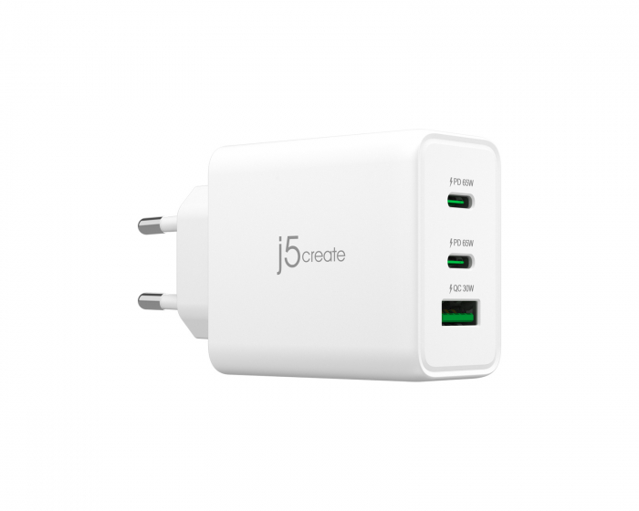 j5create Wall Charger GaN, 65 W, 2x USB-C, 1x USB-A, 3-Port Charger - Vegglader