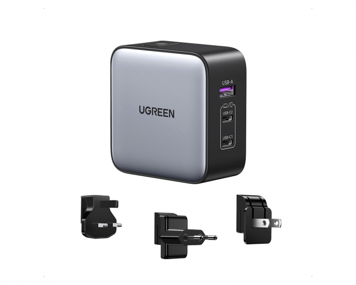 UGREEN Nexode 65W 3-Port GaN Vegglader med Reiseadapter (US/UK/EU)