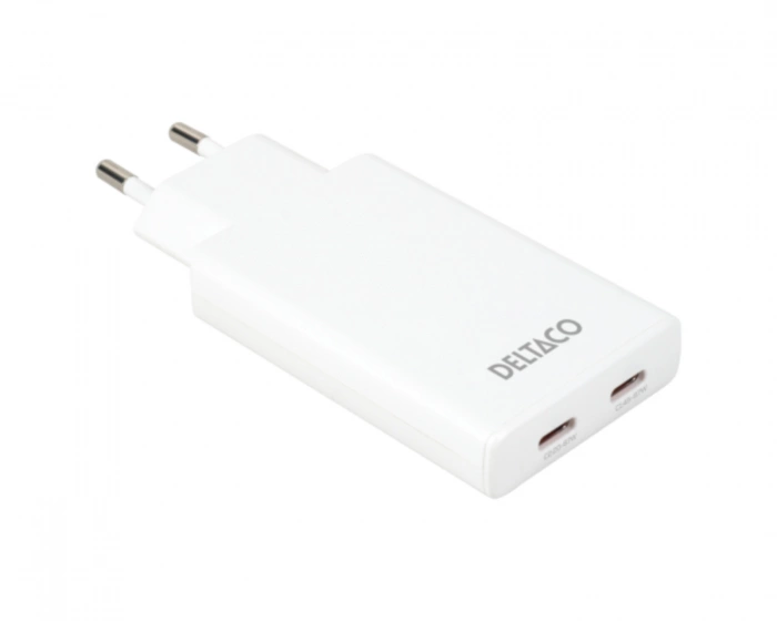 Deltaco 67W 2x USB-C Vegglader - Slim White