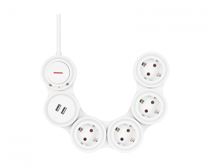 Deltaco Smart Home Fleksibel Strømfordeler med 4 Utganger, 1,4m, 16A 3500W, 2x USB-A