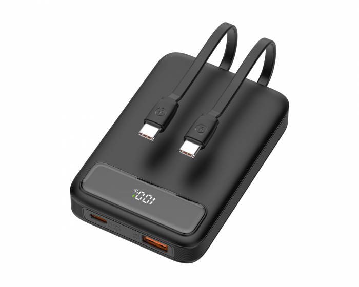 Deltaco 10 000 mAh powerbank, doble USB-C-kabler - Sort