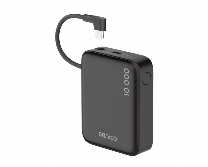 Deltaco 10 000 mAh Powerbank, innebygd stoffkabel - Sort