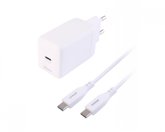 Deltaco USB-C GaN-vegglader 70 W - 1.8m - Hvit
