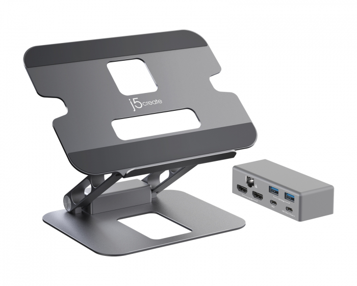 j5create Justerbart Bærbart Stativ i Aluminium med Dual HDMI 4K USB-C Mini Dokkingstasjon (DEMO)