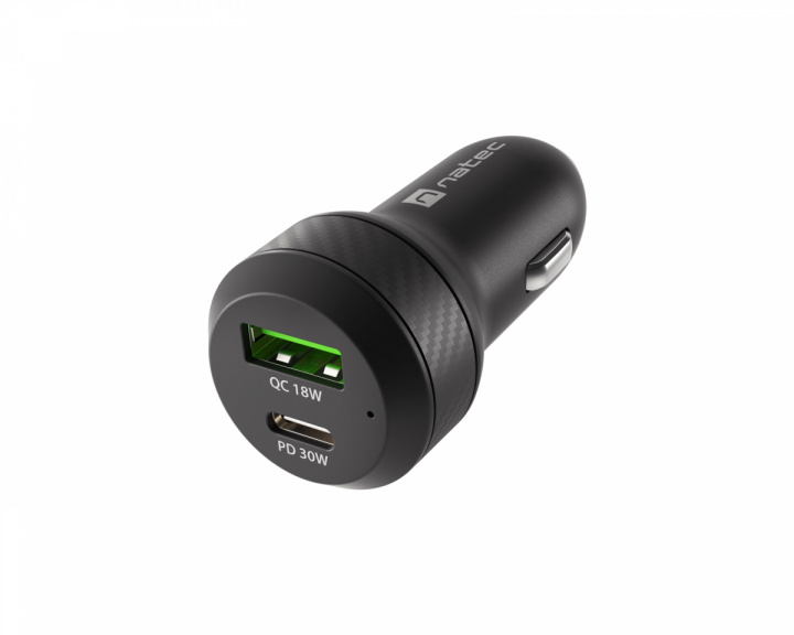 Natec Coney Hurtiglader til Bil - 1x USB-A 1x USB-C 48W PD 3.0 - Svart