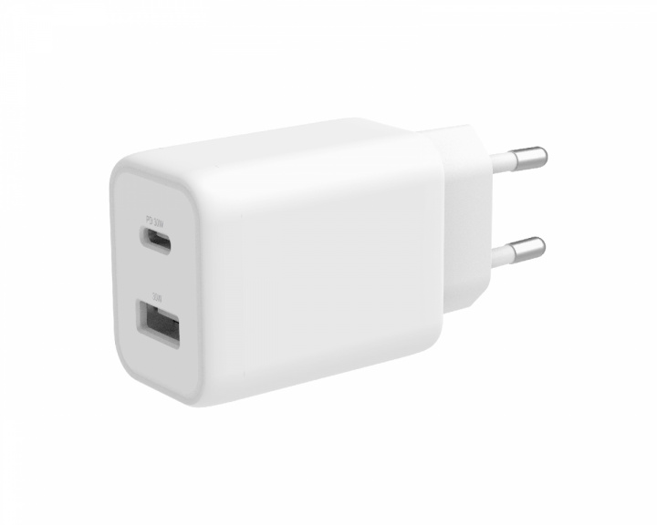 Deltaco USB Wall Charger USB-A & USB-C - 18 & 30 W - Hvit Vegglader