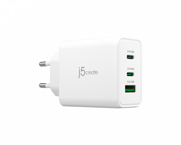 j5create Wall Charger GaN, 65 W, 2x USB-C, 1x USB-A, 3-Port Charger - Vegglader